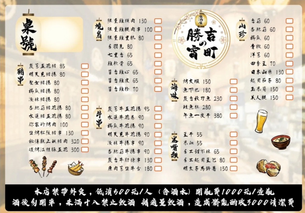 台中美食_勝吉の宵町_串燒烤肉_菜單menu