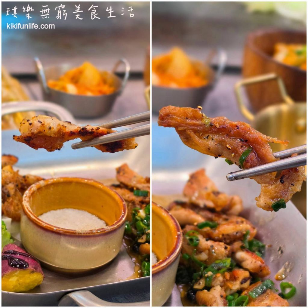 三木鐵板燒_北屯三木鐵板燒_雞松阪特寫_椒鹽酥香雞頸肉與BBQ醬燒雞肉